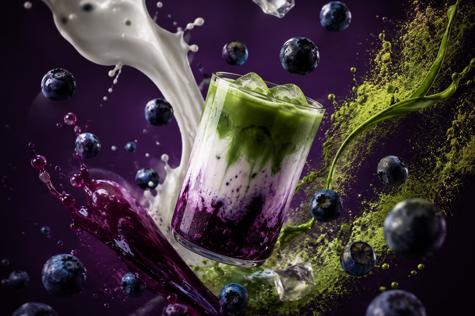 Blueberry matcha in a tall glass, berries and milk suspended around it
