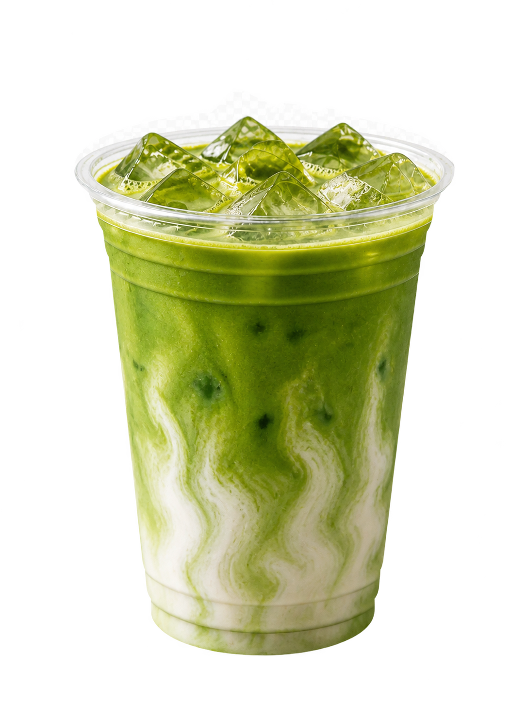 A clear cup of iced matcha latte, ceremonial matcha poured over milk and ice