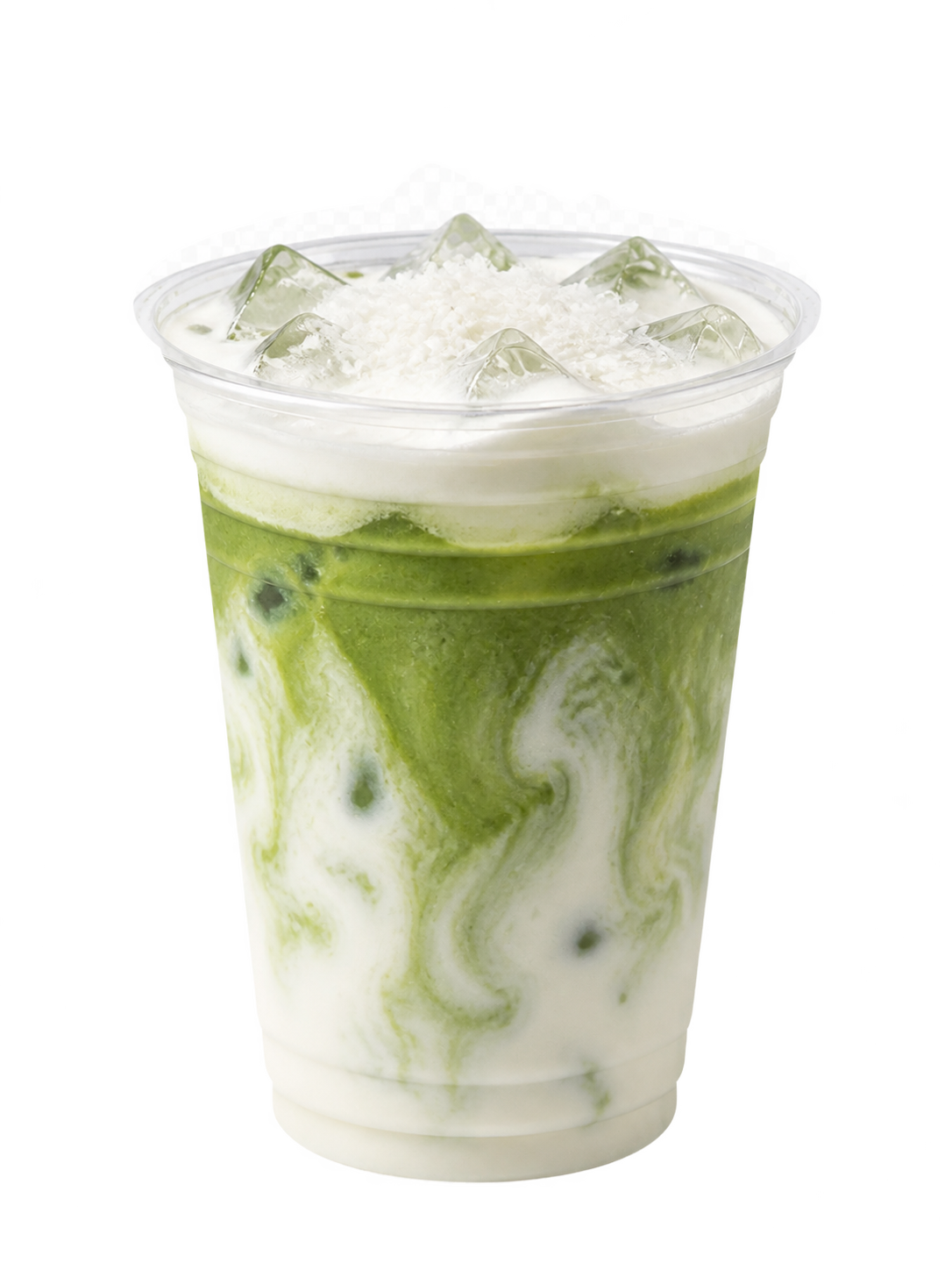 A clear cup of coconut cloud matcha, matcha over coconut milk beneath a pale coconut cold foam topped with flakes