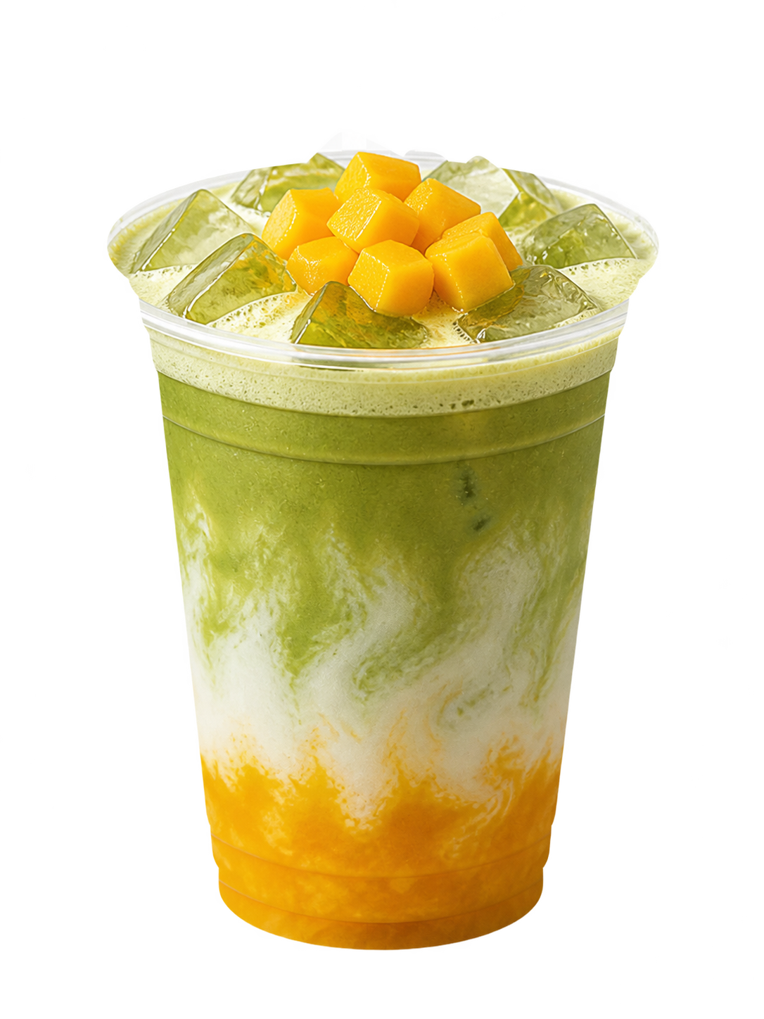 A clear cup of mango coconut cloud matcha, mango pieces over a coconut cloud with matcha and coconut milk below