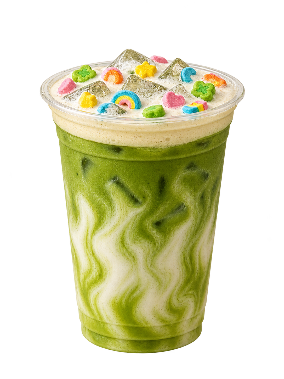 A clear cup of lucky matcha, matcha and milk under a vanilla cloud scattered with coloured cereal charms