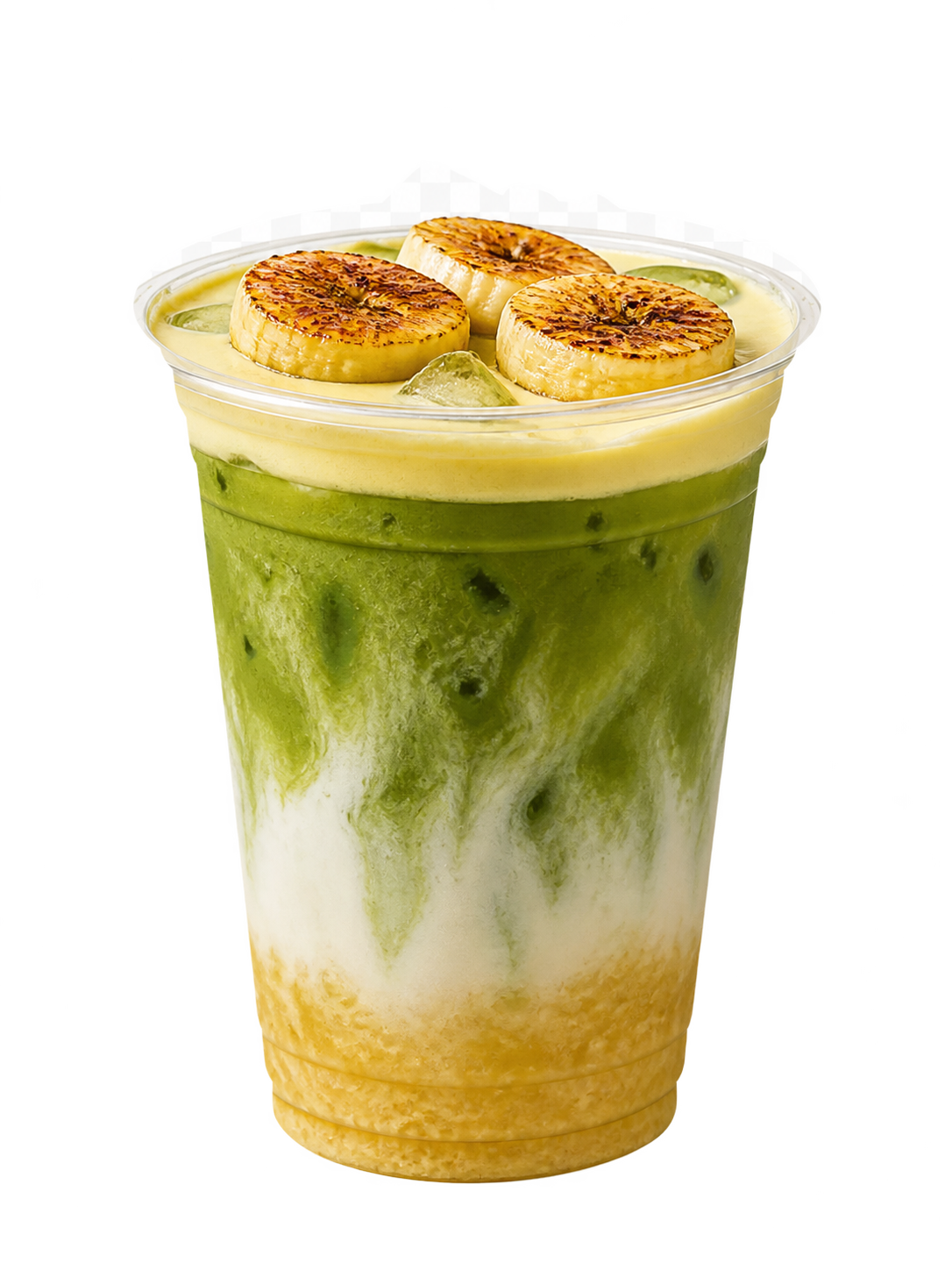 A clear cup of banana pudding matcha latte, caramelised banana on cold foam above banana pudding, matcha and milk