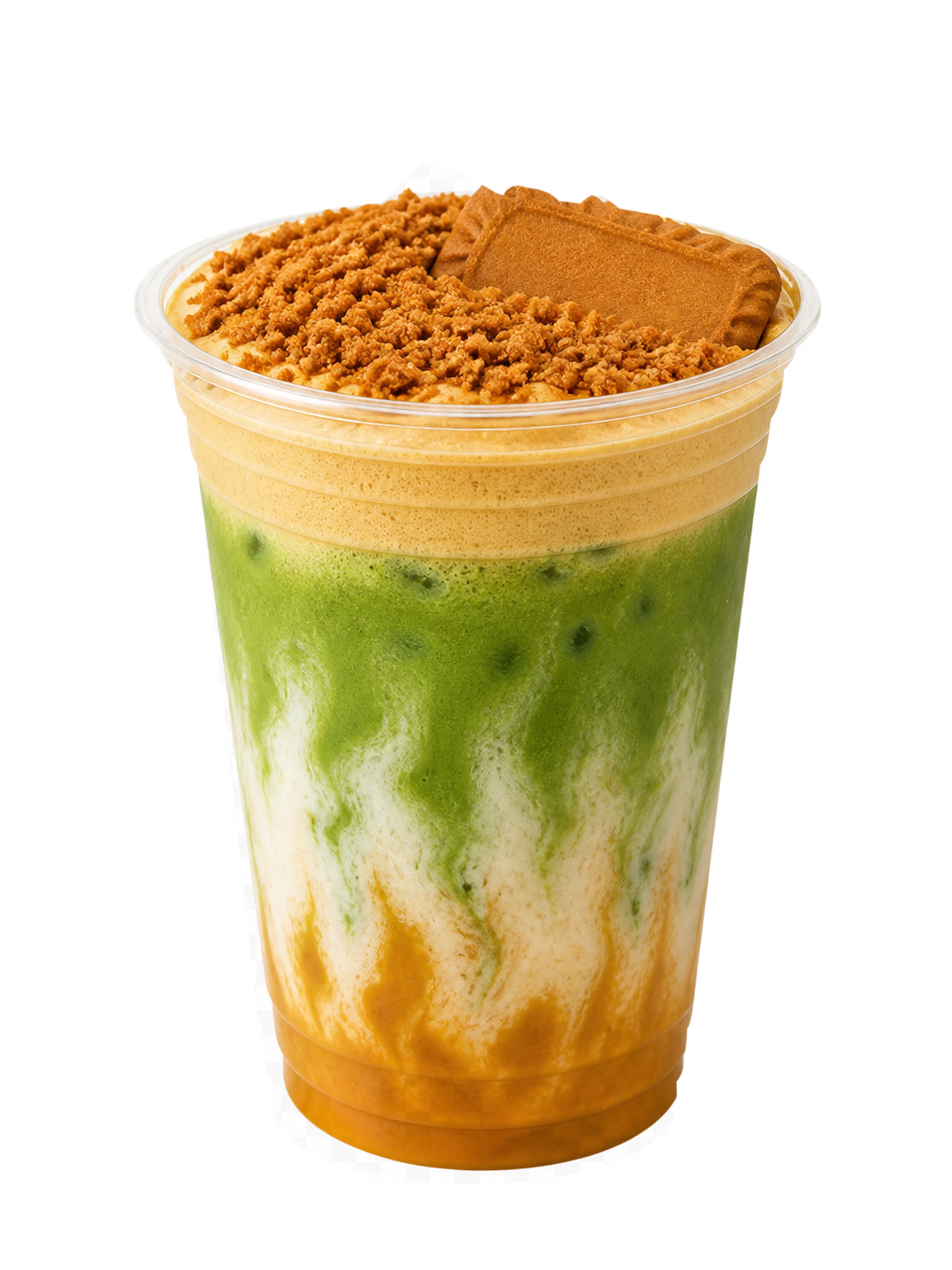 A clear cup of lotus matcha, Biscoff pieces over matcha with cookie butter syrup and milk beneath
