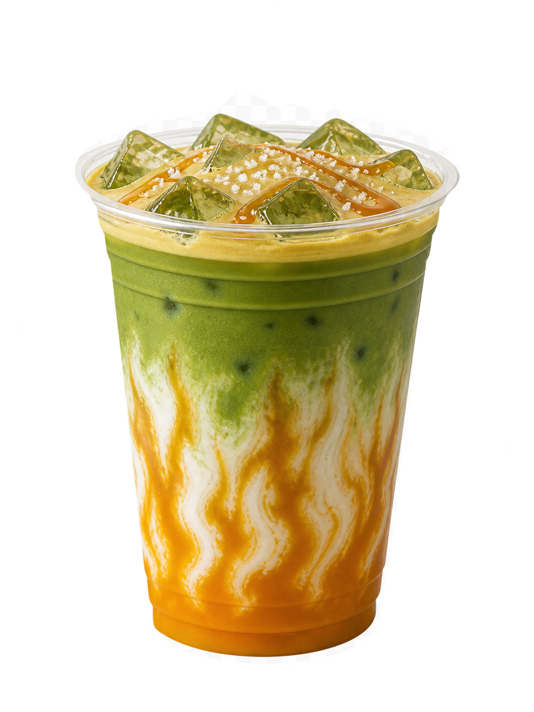 A clear cup of salted caramel matcha, sea salt flakes over matcha with salted caramel and milk beneath