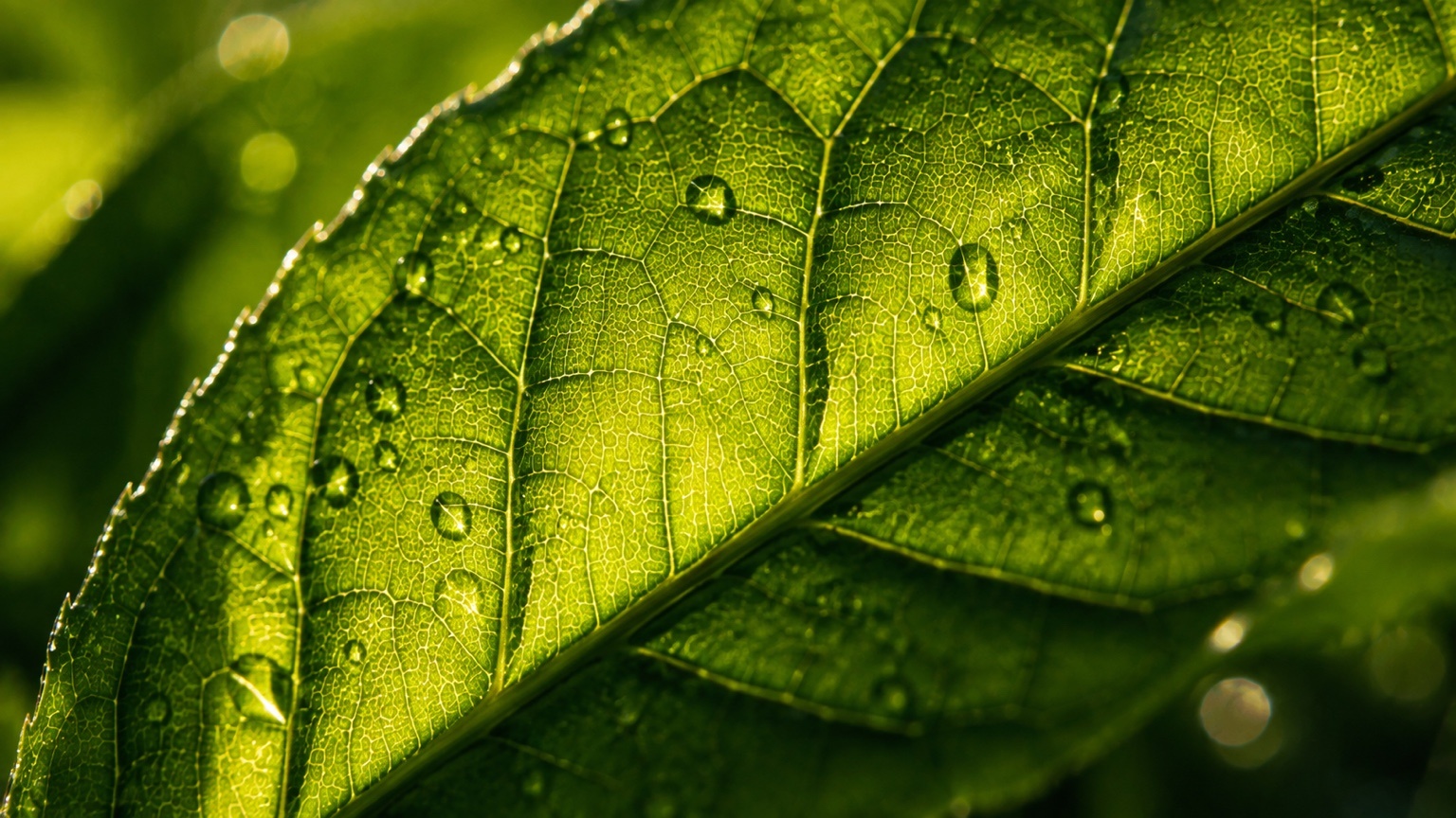 A shaded tea leaf in macro, veins and water droplets across its surface